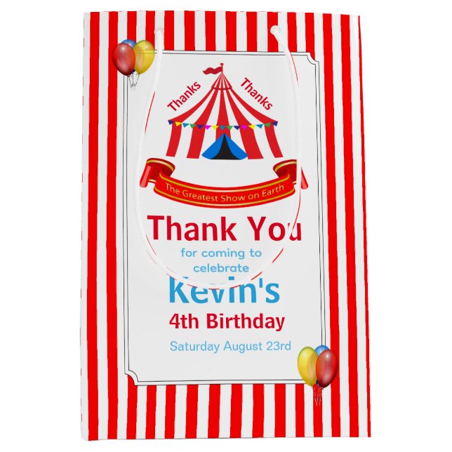 Bolsa De Regalo Mediana Cute Circus Birthday Party Gracias Red (Anverso)