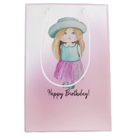 Bolsa De Regalo Mediana Cute Doll Rosa Feliz cumpleaños acuarela