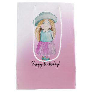 Bolsa De Regalo Mediana Cute Doll Rosa Feliz cumpleaños acuarela