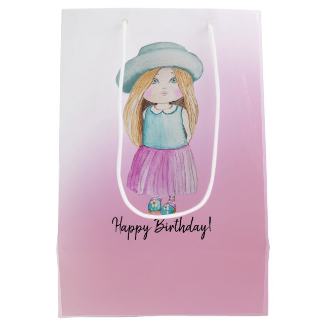 Bolsa De Regalo Mediana Cute Doll Rosa Feliz cumpleaños acuarela (Reverso)