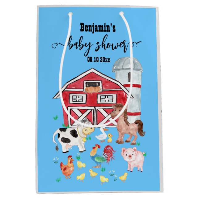 Bolsa De Regalo Mediana Cute Farm Animals Baby Shower Blue (Anverso)