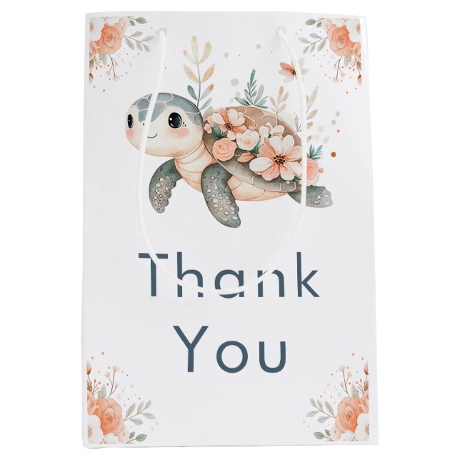 Bolsa De Regalo Mediana Cute Floral Turtle Baby Shower (Anverso)