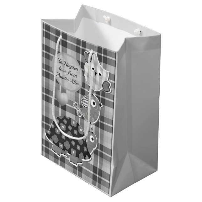Bolsa De Regalo Mediana Cute Grey Plaid Turtle and Owl Personalised  (Angulo Anverso)