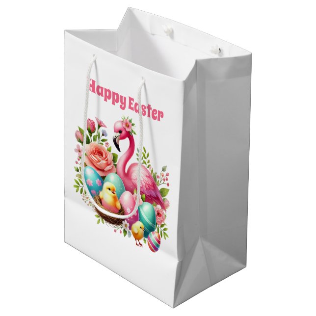 Bolsa De Regalo Mediana Cute Happy Easter pink flamingo  (Angulo Anverso)