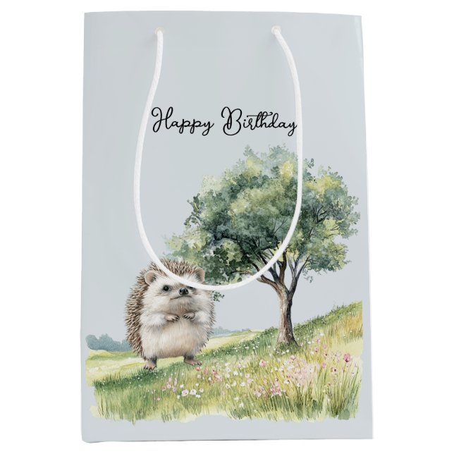 Bolsa De Regalo Mediana Cute Hedgehog Meadow with Tree Birthday (Anverso)