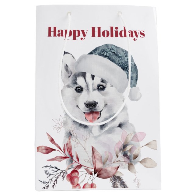Bolsa De Regalo Mediana Cute Husky Dog Felices Fiestas (Anverso)