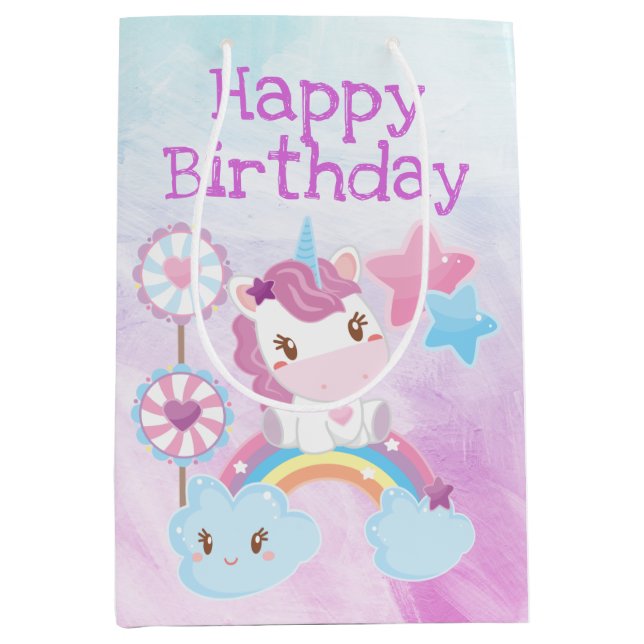 Bolsa De Regalo Mediana Cute Kawaii Dreamy Unicorn Cumpleaños (Anverso)