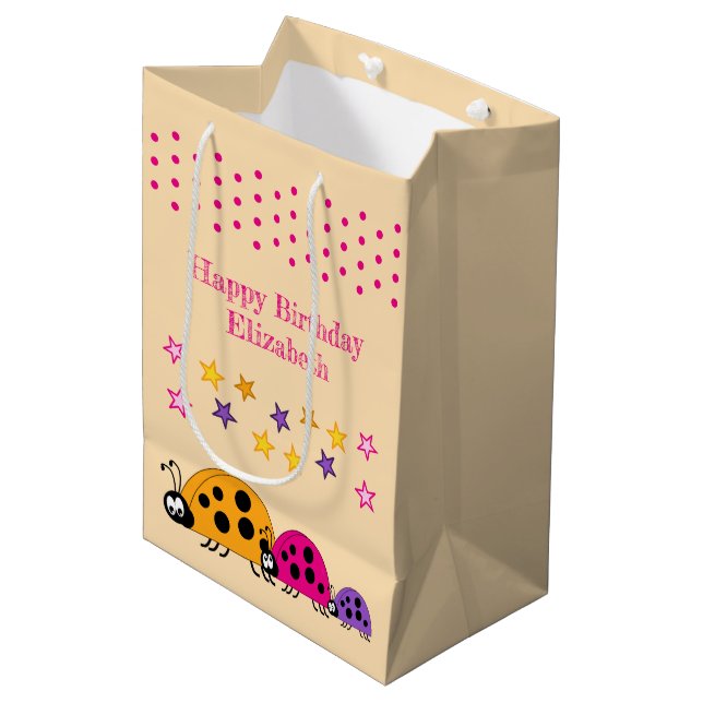 Bolsa De Regalo Mediana Cute ladybugs agregar nombres estrellas rosadas (Angulo Anverso)