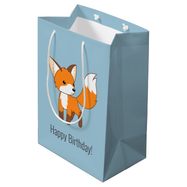 Bolsa De Regalo Mediana Cute Little Fox Birthday Blue (Angulo reverso)