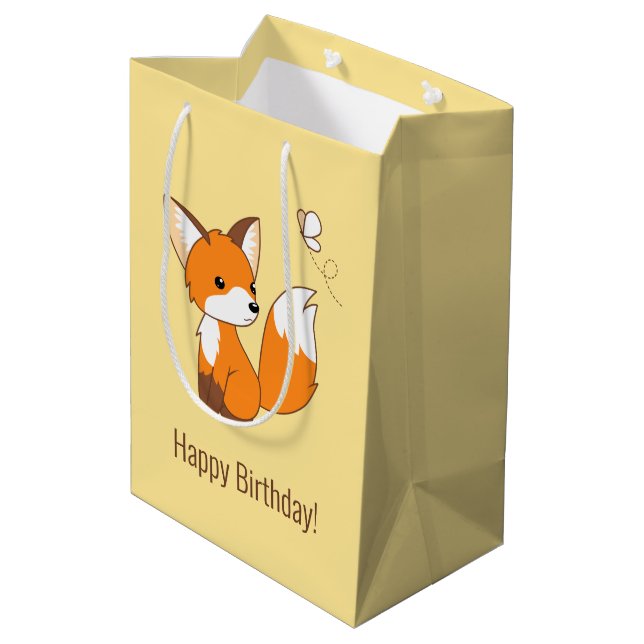Bolsa De Regalo Mediana Cute Little Fox viendo la mariposa cumpleaños Amar (Angulo reverso)