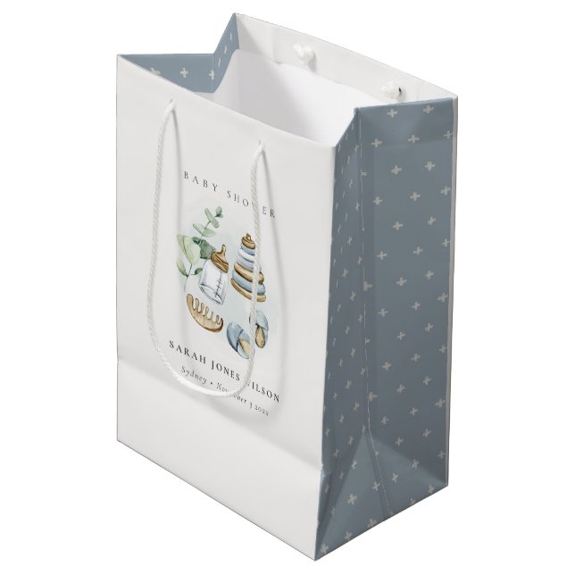 Bolsa De Regalo Mediana Cute Nursery Essential Leafy Blue Boy Baby Shower (Angulo Anverso)