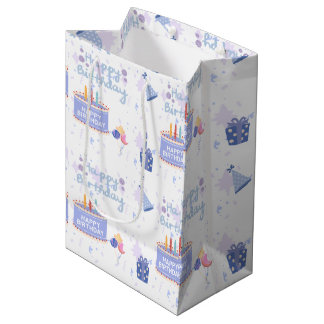 Bolsa De Regalo Mediana Cute Pastel Azul Feliz Cumpleaños Tarta Patrón Con