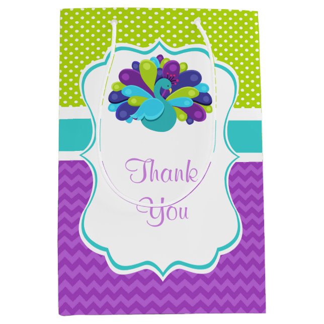 Bolsa De Regalo Mediana Cute Peacock Green y Purple Birday Gracias (Anverso)