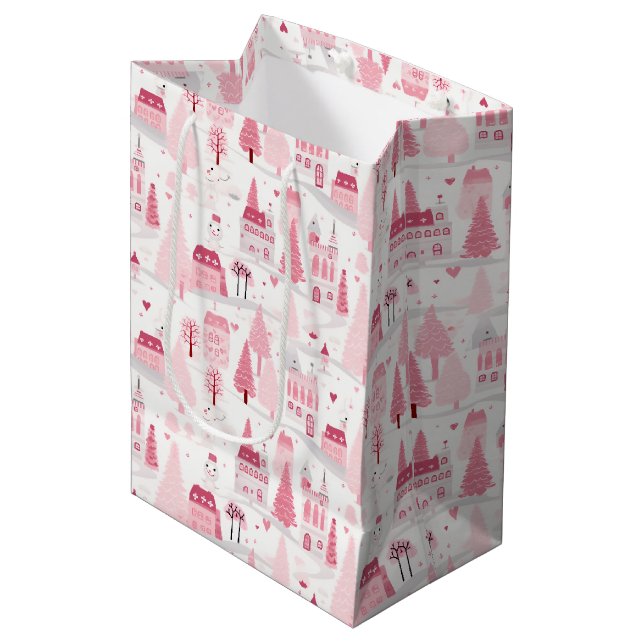 Bolsa De Regalo Mediana Cute Pink Christmas Village Snowy Day  (Angulo Anverso)