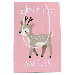 Bolsa De Regalo Mediana Cute Pink Reindeer Kid`s Name Christmas