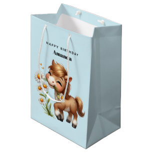 Bolsa De Regalo Mediana Cute Pony Comiendo Daisies Cumpleaños