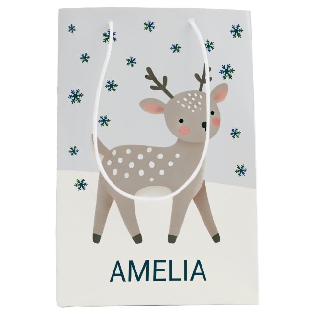 Bolsa De Regalo Mediana Cute Reindeer Snowflakes Drawing Christmas Name (Anverso)