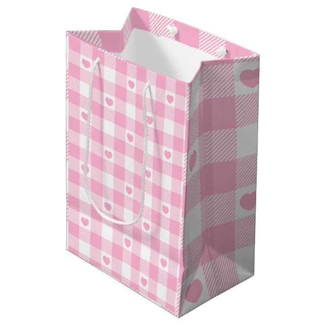 Bolsa De Regalo Mediana Cute Rosa Gingham Vichy Con Corazón (Angulo Anverso)