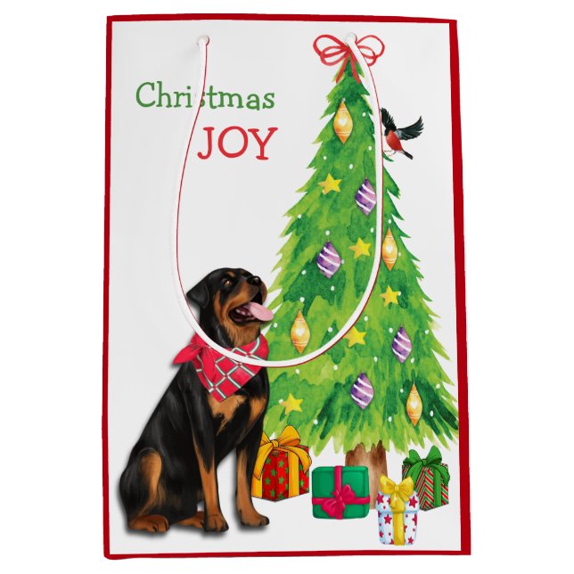 Bolsa De Regalo Mediana Cute Rottweiler, Bird y Christmas Tree (Anverso)