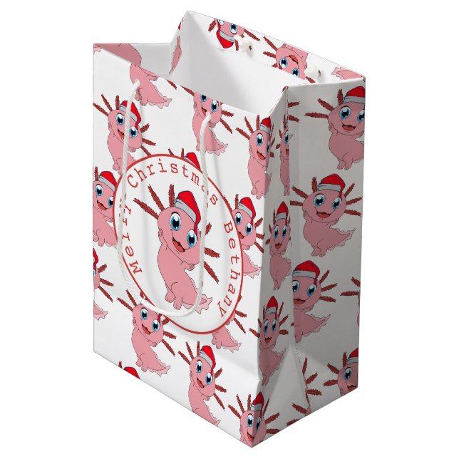 Bolsa De Regalo Mediana Cute Santa Axolotl Nombre Feliz Navidad (Angulo Anverso)