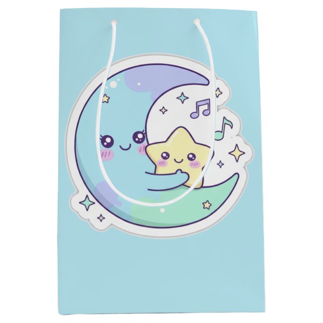 Bolsa De Regalo Mediana Cute Sleeping Moon & Stars Baby Blue Ramadan Gift  (Anverso)