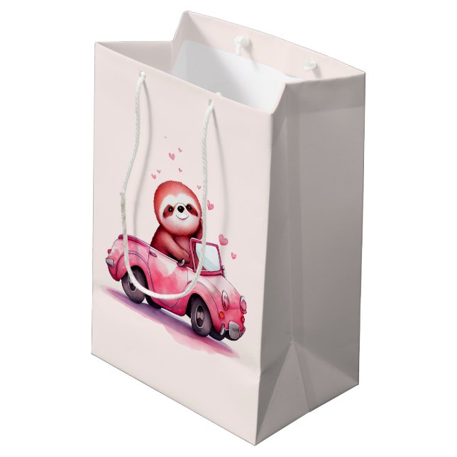 Bolsa De Regalo Mediana Cute Sloth Driving a Pink Convertible (Angulo reverso)
