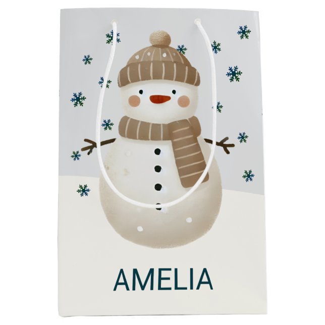Bolsa De Regalo Mediana Cute Snowman Snowflakes Drawing Christmas Name (Anverso)