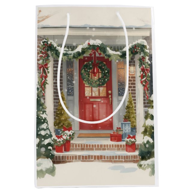 Bolsa De Regalo Mediana Cute Snowy Christmas Porch  (Anverso)