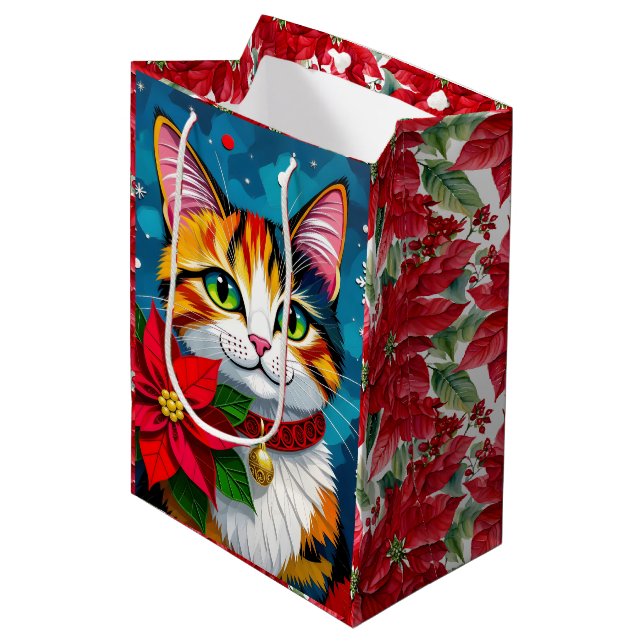 Bolsa De Regalo Mediana Cute Tabby Cat and Poinsettia Christmas (Angulo Anverso)
