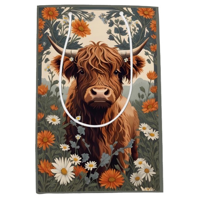 Bolsa De Regalo Mediana Cute Vintage Highland Cow (Anverso)