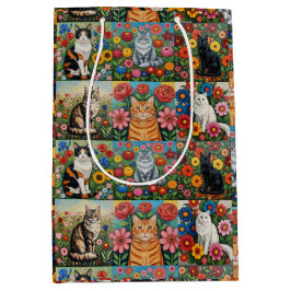 Bolsa De Regalo Mediana Cute Whimsical Cats and Folk Art Flowers