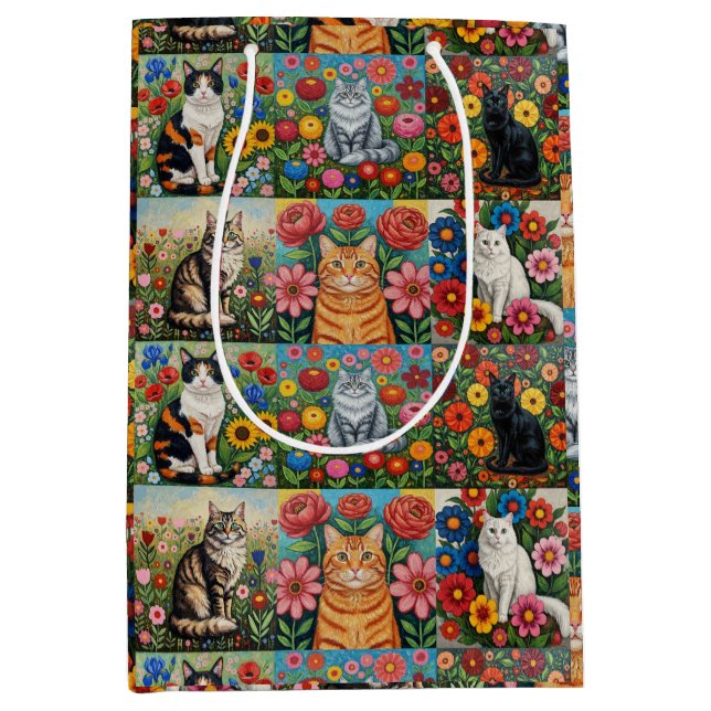 Bolsa De Regalo Mediana Cute Whimsical Cats and Folk Art Flowers (Anverso)