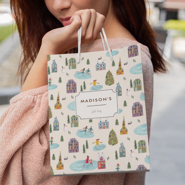 Bolsa De Regalo Mediana Cute Winter House Village Navidades de escena (Cute Winter House Village Scene Christmas Medium Gift Bag)