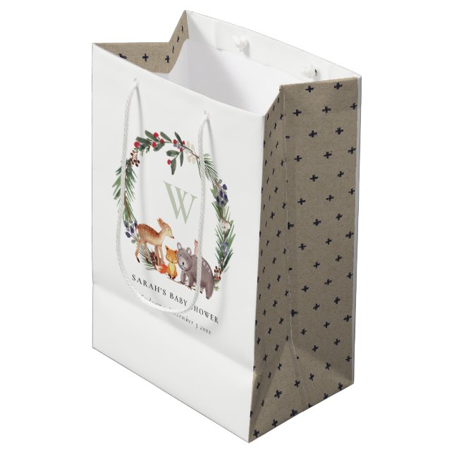 Bolsa De Regalo Mediana Cute Woodland Animal Leafy Wreath Baby Shower (Angulo Anverso)