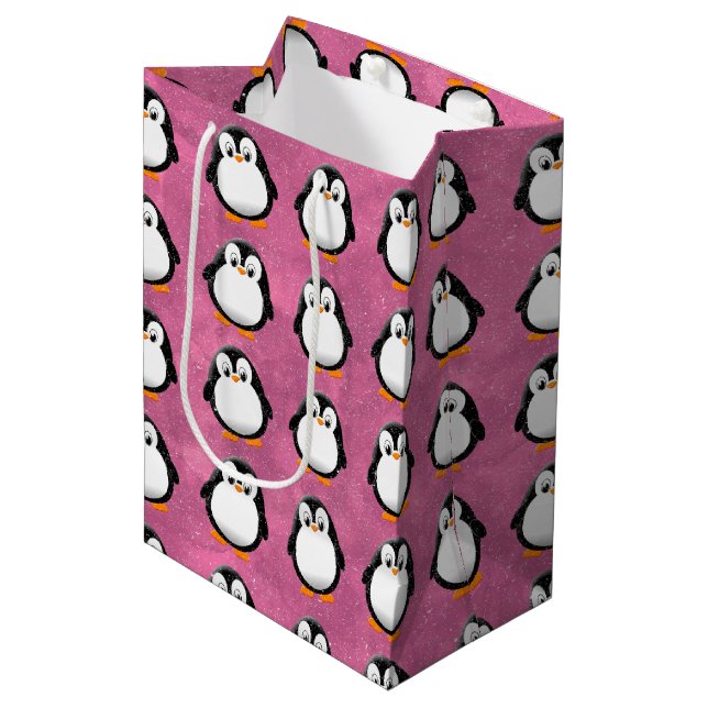 Bolsa De Regalo Mediana Cuto pingüino Personalizado acuarela rosa (Angulo Anverso)