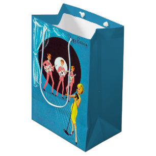 Bolsa De Regalo Mediana Cuto retro vintage Feliz cumpleaños cantante