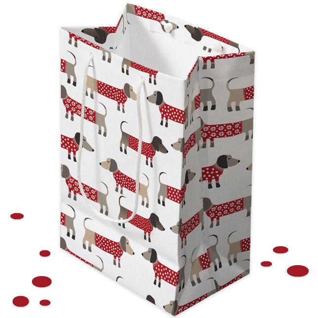 Bolsa De Regalo Mediana Dachshund Sausage Wiener Dog Holiday (Gift bag featuring festive Dachshund Sausage Wiener Dogs in red and white knitwear)