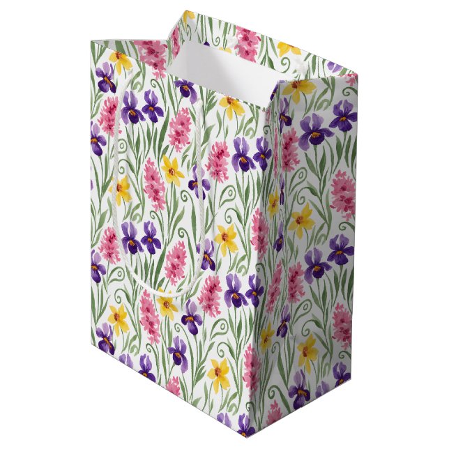 Bolsa De Regalo Mediana Daffodil Yellow, Iris Purple, Hyacinth Pink Floral (Angulo reverso)