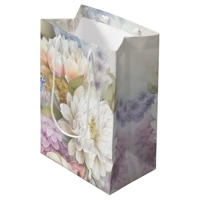 Bolsa De Regalo Mediana Dahlia Blanca con Acentos Morados y Azules (Angulo Anverso)
