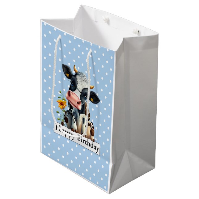 Bolsa De Regalo Mediana Dairy Cow Happy Birday Blue (Angulo Anverso)
