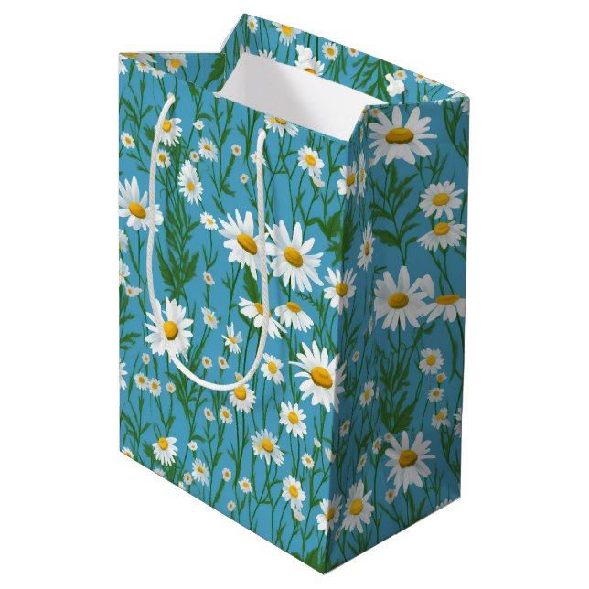 Bolsa De Regalo Mediana Daisias Blancas De Verano En Aqua (Angulo reverso)