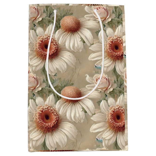 Bolsa De Regalo Mediana Daisies elegantes de Floral Blanca (Anverso)