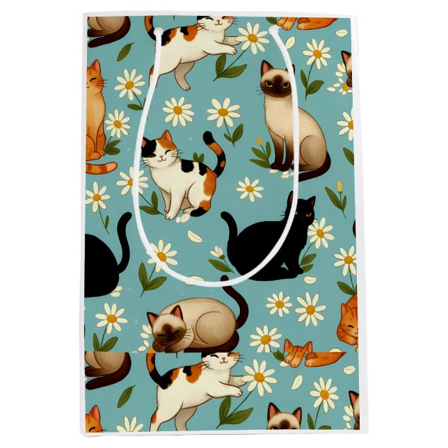 Bolsa De Regalo Mediana Daisy Paws Parade – Playful Cats & Blooms (Anverso)