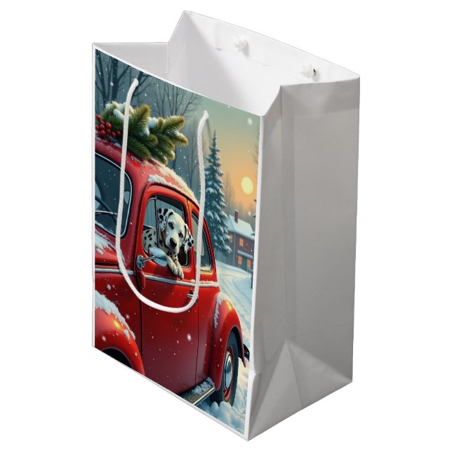 Bolsa De Regalo Mediana Dalmatian Snowy Car Ride Christmas Painting (Angulo Anverso)