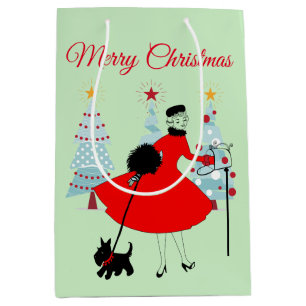 Bolsa De Regalo Mediana Dama de Navidad Vintage 1950 con Terrier Escocés