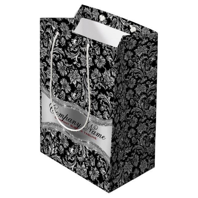 Bolsa De Regalo Mediana Damascos florales monogramados de plata negra y me (Angulo reverso)