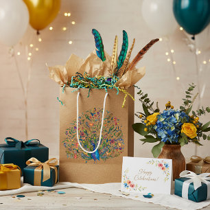 Bolsa de regalo mediana de pavo real floral acuare