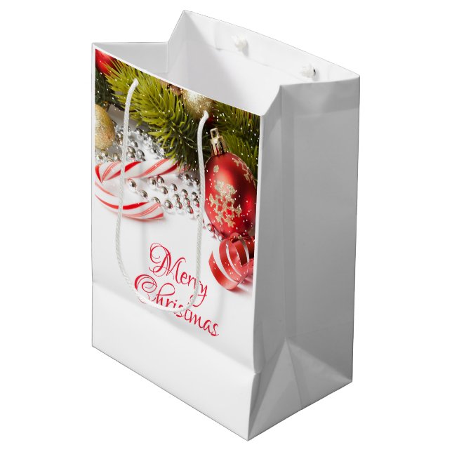 Bolsa De Regalo Mediana Decoraciones De Navidad Verde Y Rojo Plateado (Angulo Anverso)