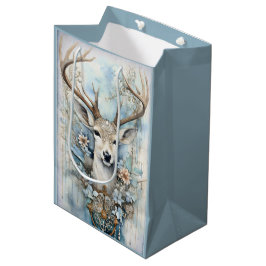 Bolsa De Regalo Mediana Deer Azul Con Wreath Floral
