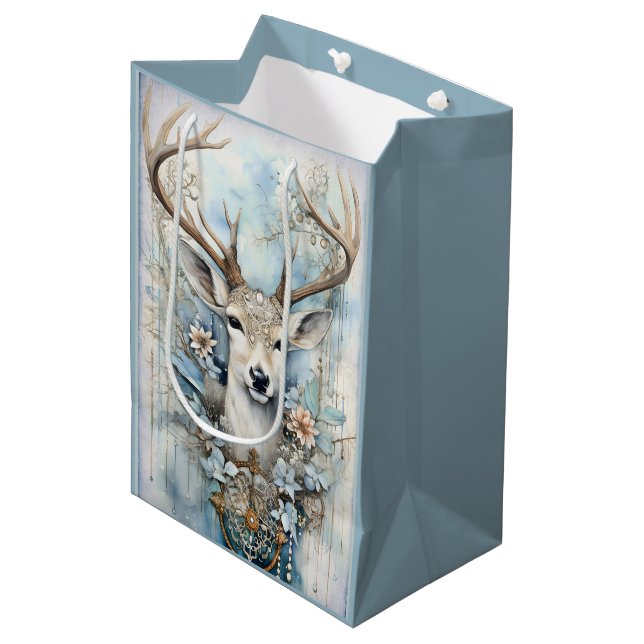 Bolsa De Regalo Mediana Deer Azul Con Wreath Floral (Angulo Anverso)